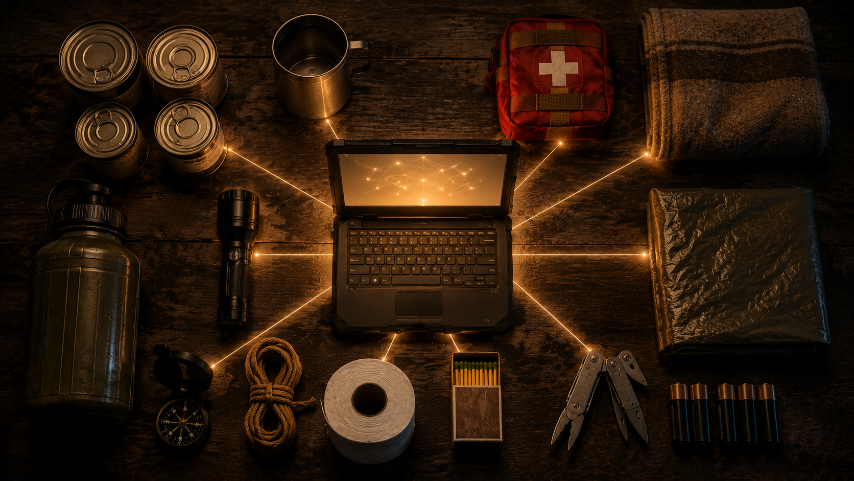 A survival kit laid out on dark wood, a glowing rugged laptop at its center with light beams connecting it to every other item.