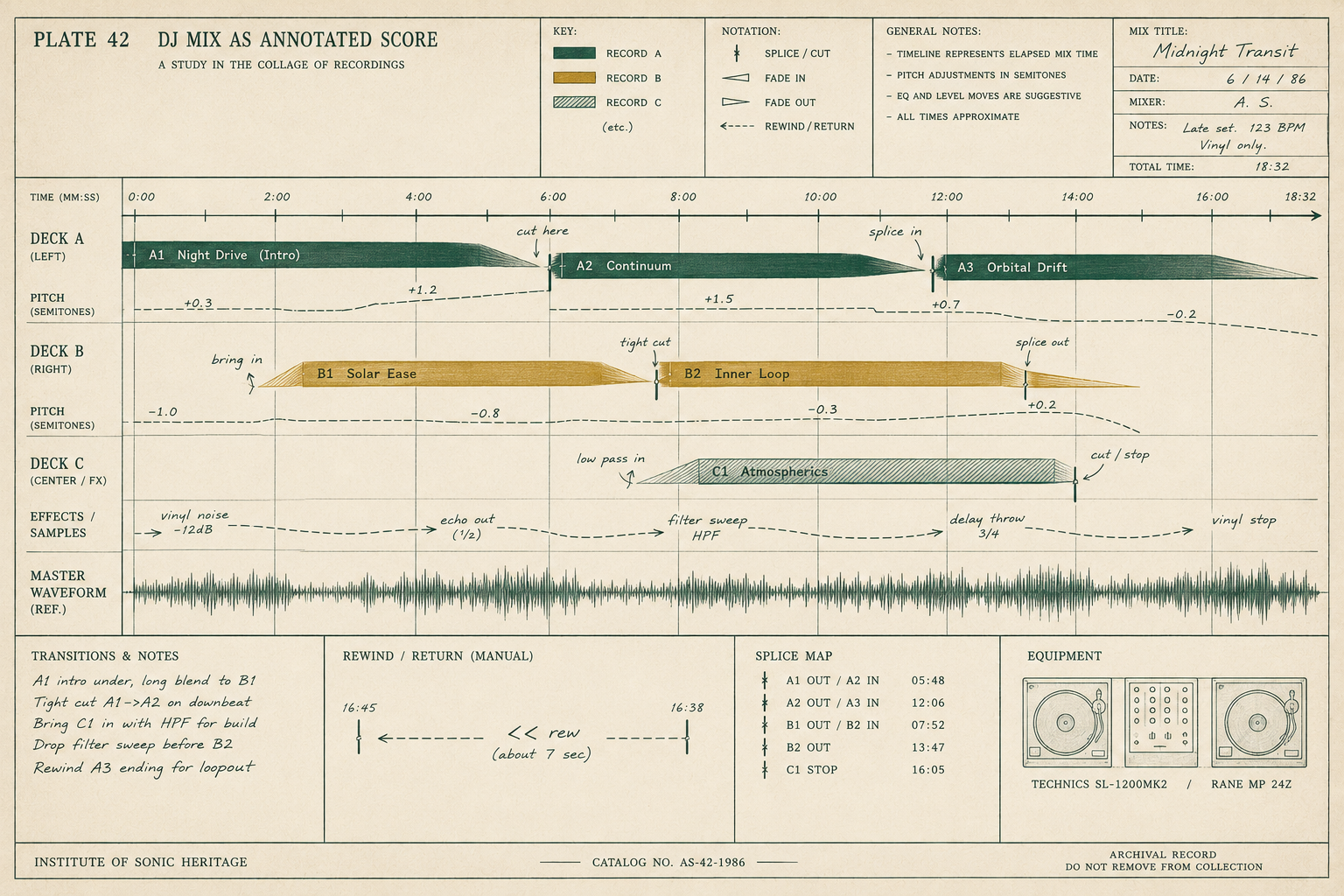 An archival diagram titled “DJ Mix as Annotated Score”: three deck timelines carrying labeled record segments, pitch curves marked in semitones, handwritten splice and rewind annotations, an effects row, a master waveform, and a splice map of timestamped cut points.