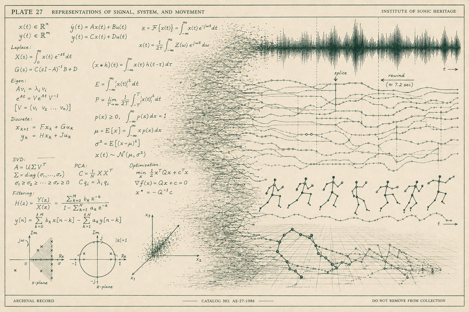 An archival plate in which handwritten equations of signals and systems on the left dissolve into the things they describe on the right: an audio waveform, layered data traces with a marked splice and rewind, and a stick-figure running sequence over a motion trajectory.