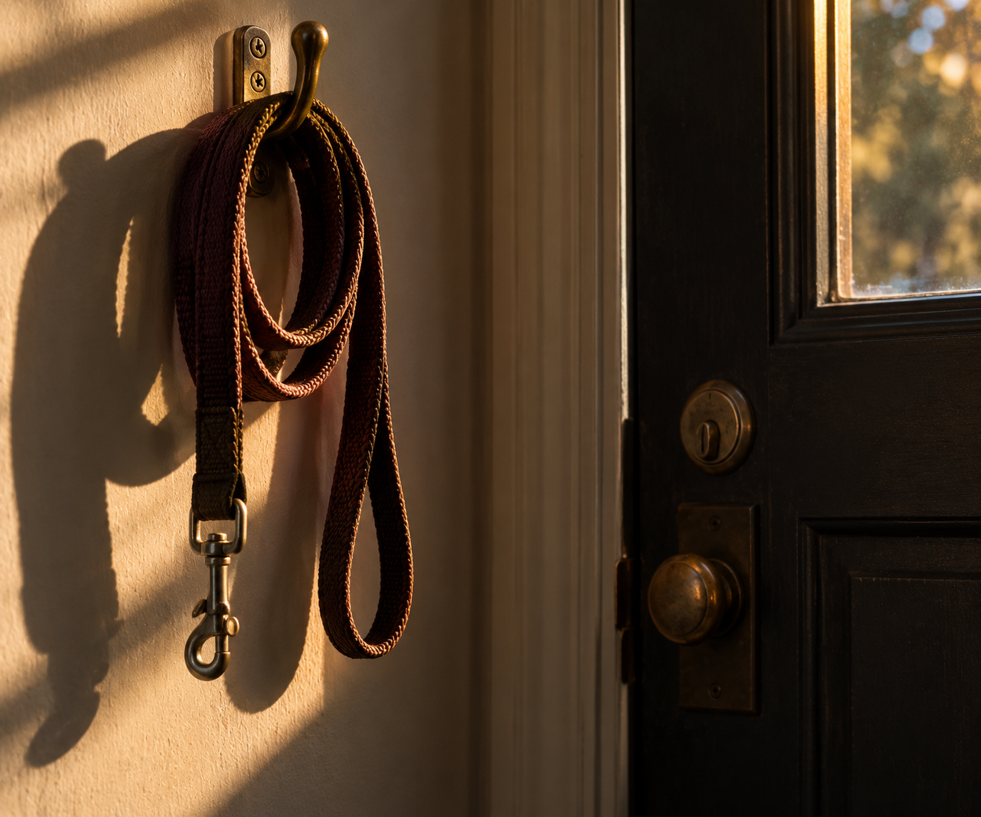 A leash coiled on a brass hook beside a dark front door, in low evening light. The dog is out of frame.
