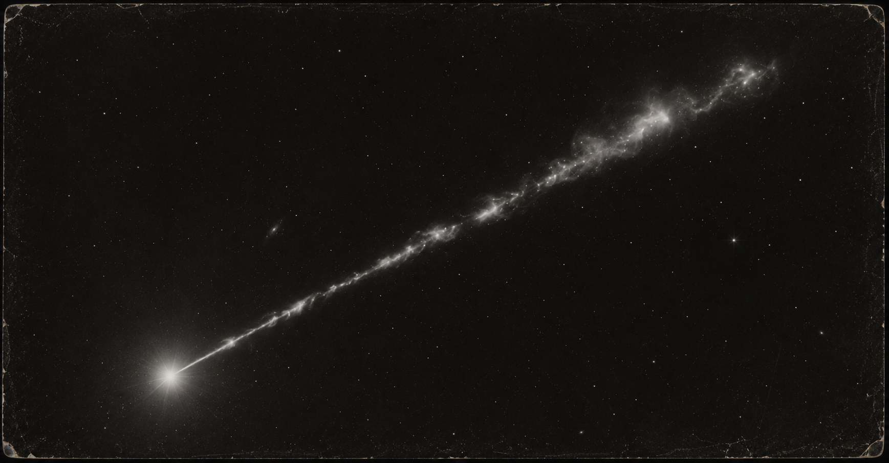 An archival-style black-and-white photograph of a brilliant quasar jet crossing a dark starfield, the plate edges worn and cracked with age.