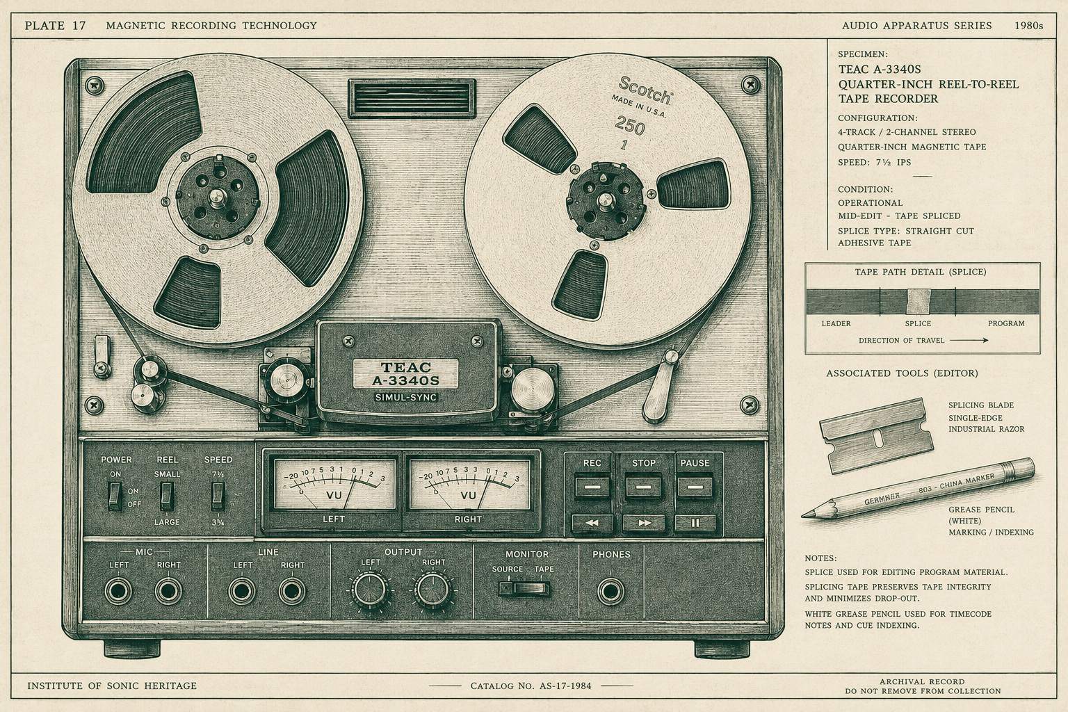 An archival technical plate of a TEAC A-3340S quarter-inch reel-to-reel tape recorder, with a tape-path detail showing a splice and the editor’s tools: a single-edge razor blade and a white grease pencil.