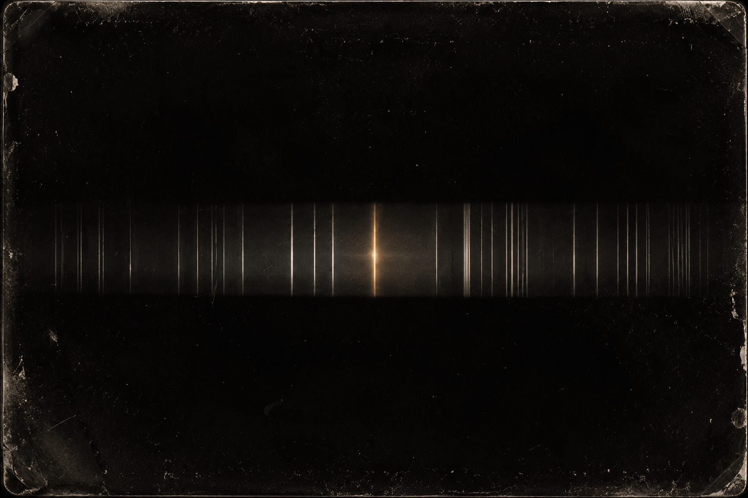 An archival spectrogram plate: a horizontal band of absorption lines with a single warm spike glowing at its center.