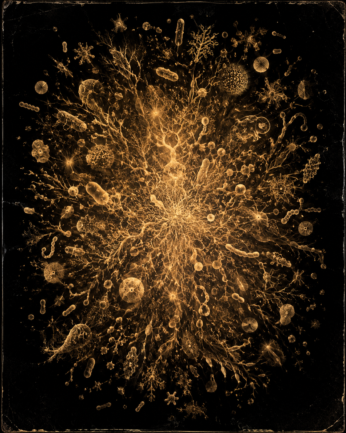 A dense, luminous tangle of living forms rendered in one shared palette, as if grown from a single source.
