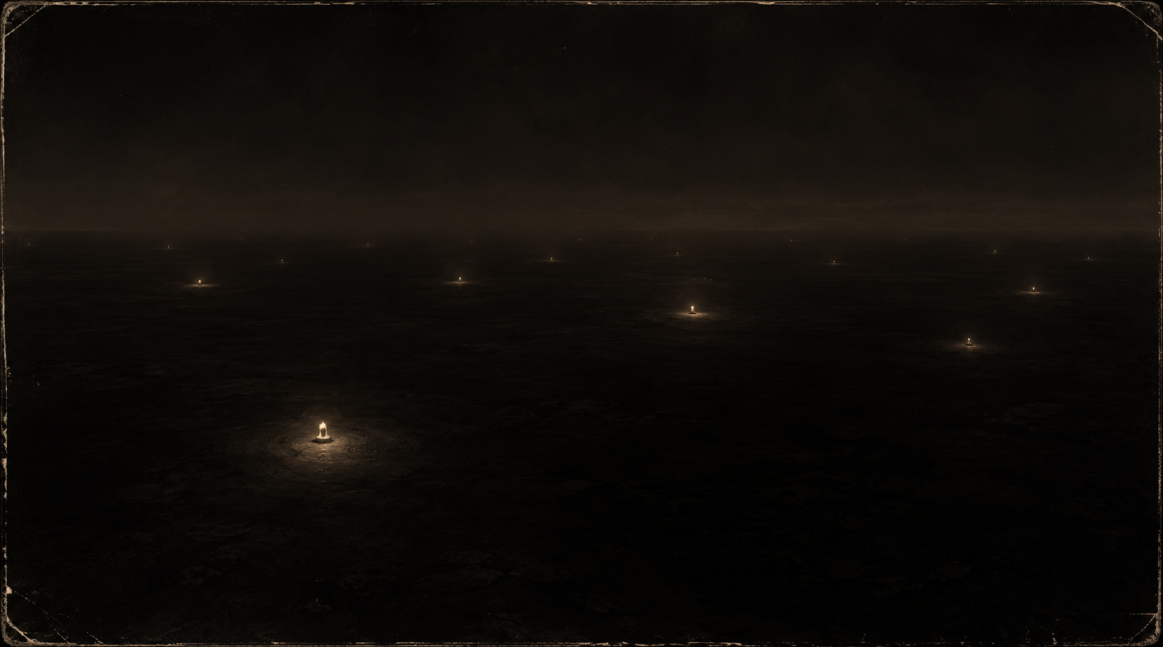 An enormous dark field scattered with faint, isolated points of light — each a small pool of glow against the black, none close to another, none illuminated together.