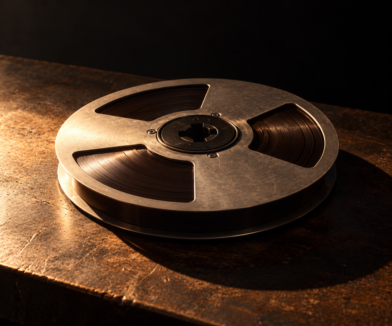 A single reel of magnetic tape lying flat on a worn steel bench, lit from one side against a dark wall. Nothing else in frame.