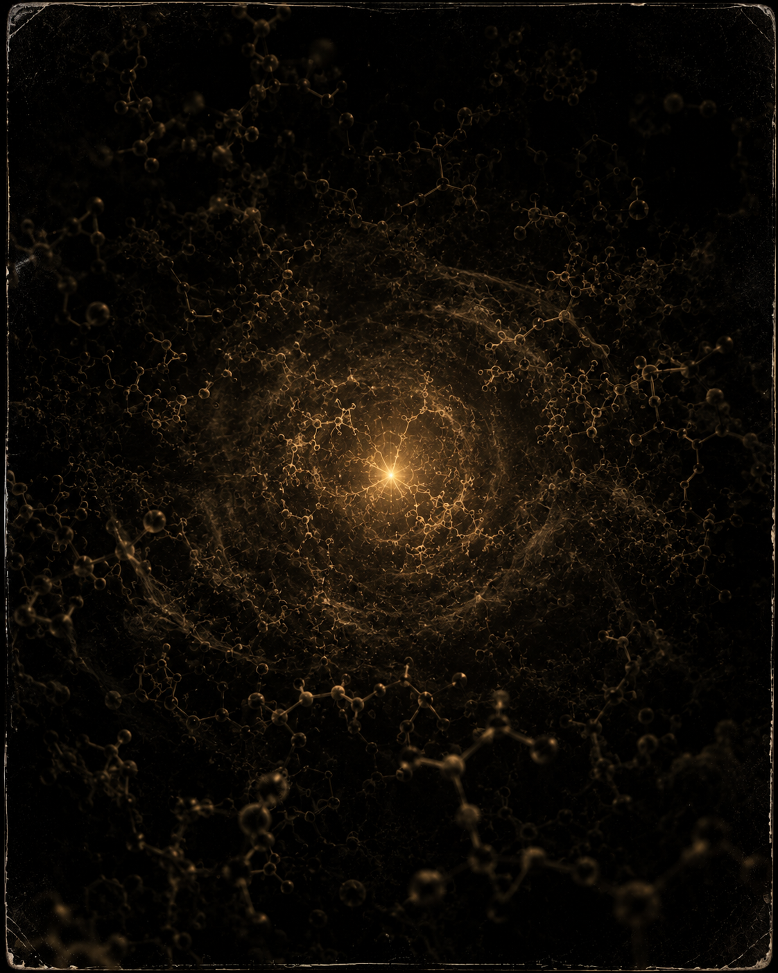 A single point of warm light igniting within a dark swirl of complex molecular chemistry, everything else around it unlit.