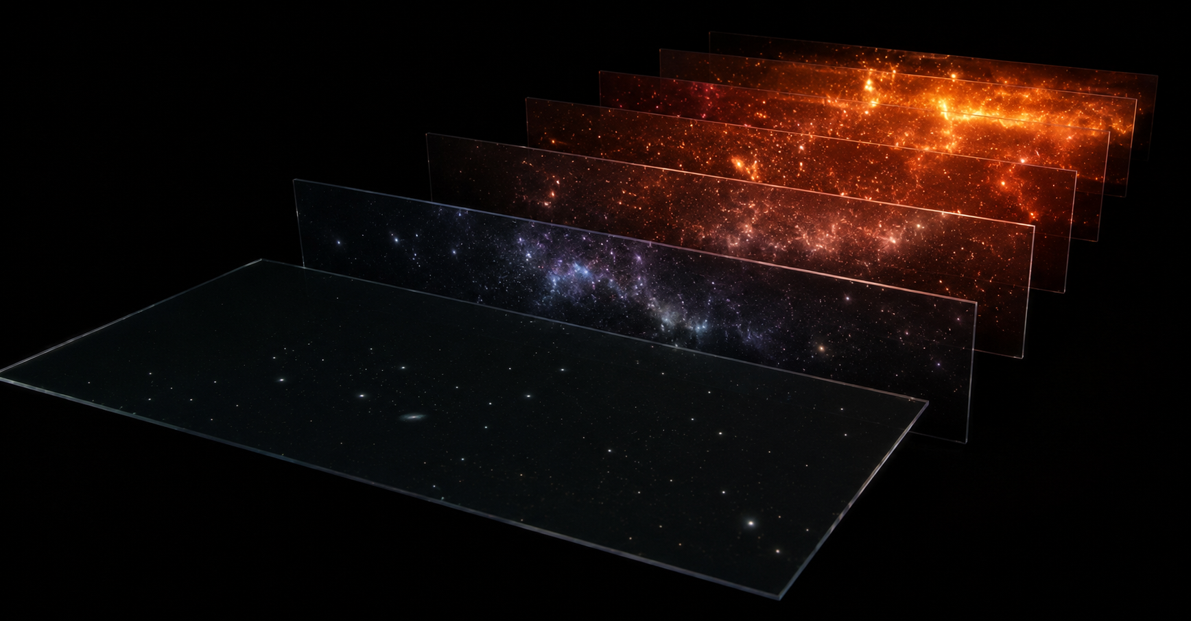 Translucent glass plates receding into darkness, each holding a progressively younger, hotter, denser starfield — the nearest plate calm and sparse, the farthest glowing violent orange.
